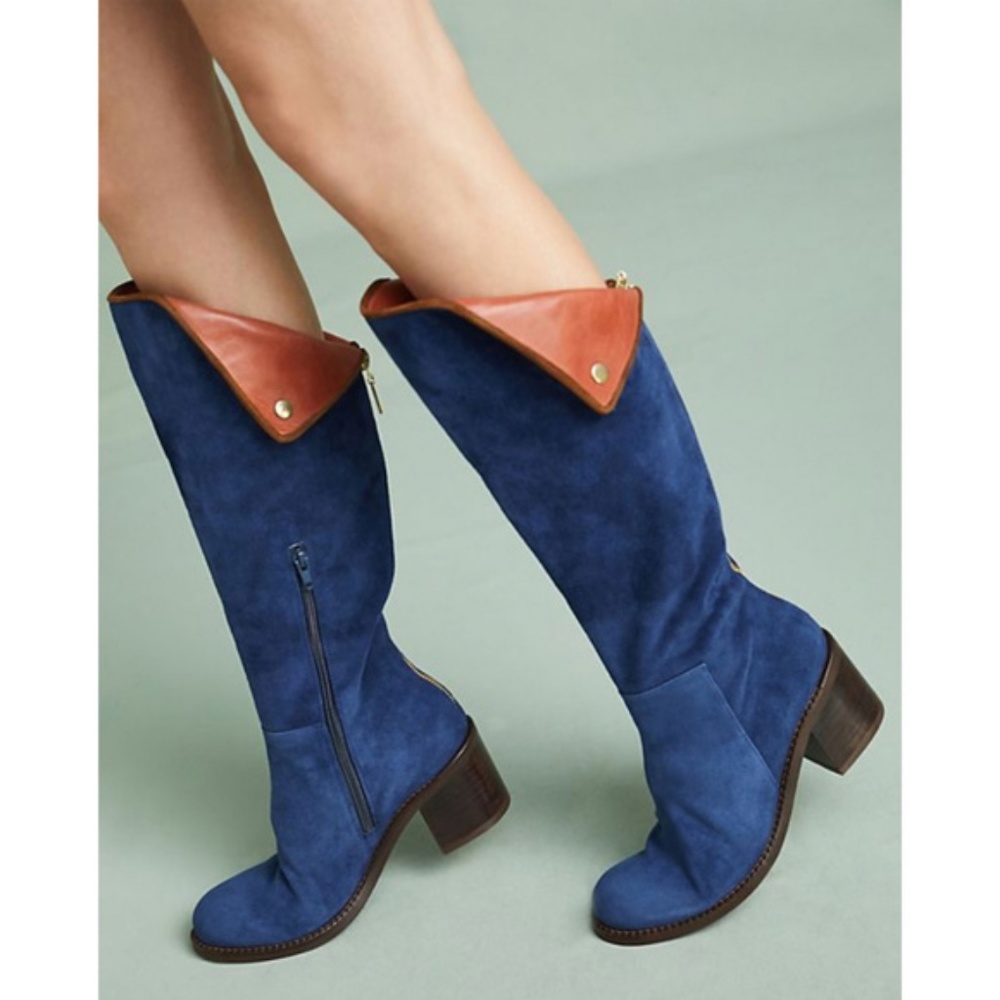 Anthropologie Blue Suede Leather Boots NWOB 37 6.5 Banana Republic